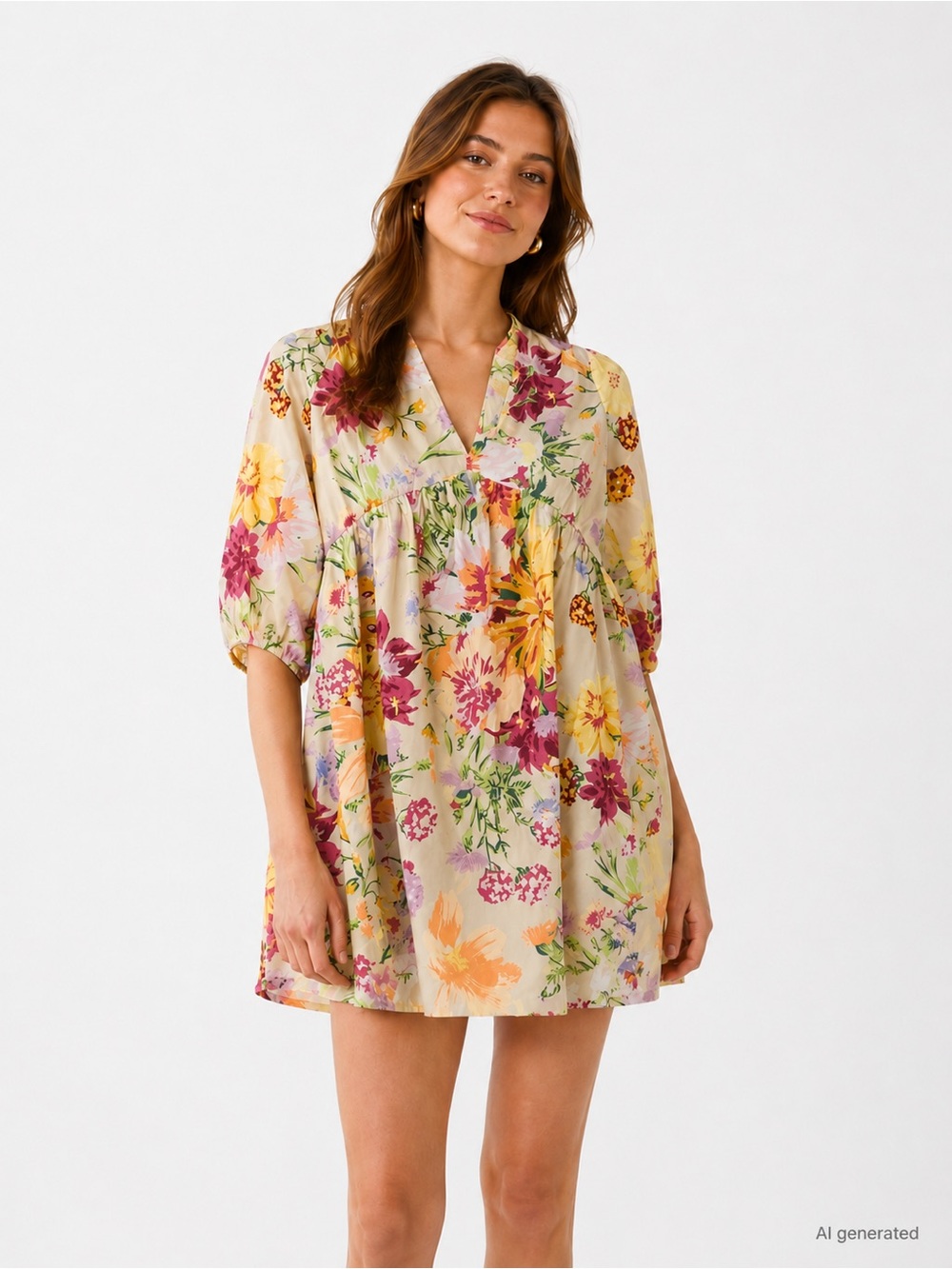 H&M Floral Babydoll Mini Dress in Cream, Pink & Yellow